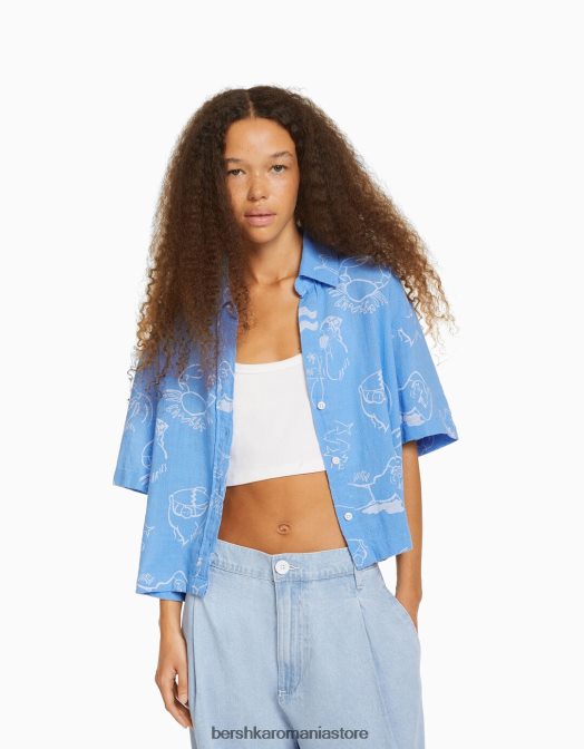 Bershka unisex cămașă rustică texturată cu mânecă scurtă albastru Z86D3793 îmbrăcăminte