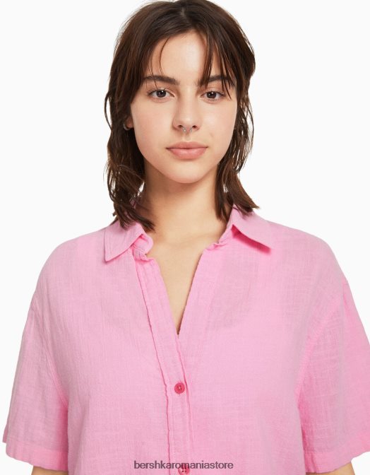 Bershka unisex cămașă rustică texturată cu mânecă scurtă roz Z86D3796 îmbrăcăminte