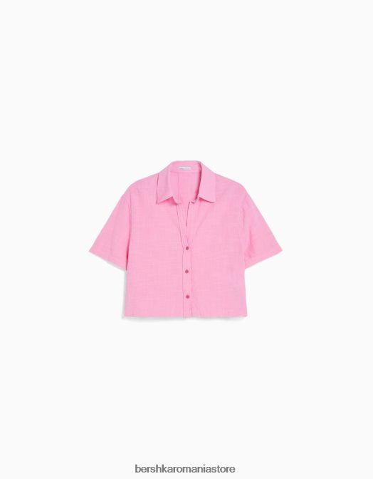 Bershka unisex cămașă rustică texturată cu mânecă scurtă roz Z86D3796 îmbrăcăminte