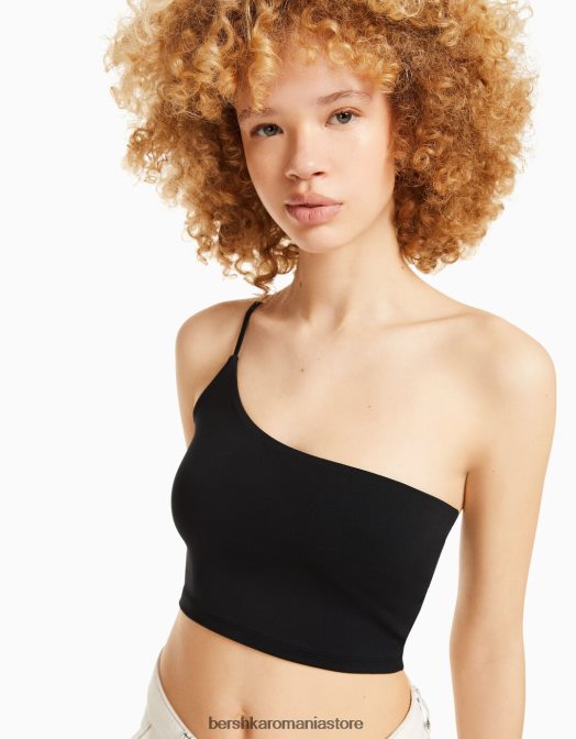 Bershka unisex crop top asimetric cu bretele negru Z86D3855 îmbrăcăminte