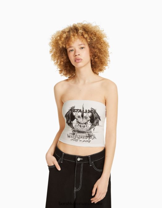 Bershka unisex top bandeau imprimeu metallica alb Z86D3696 îmbrăcăminte