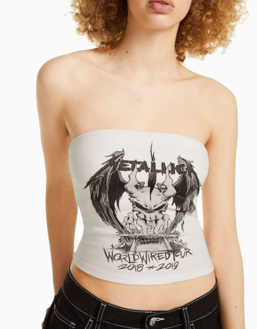 Bershka unisex top bandeau imprimeu metallica alb Z86D3696 îmbrăcăminte