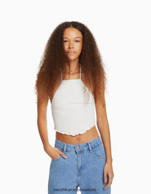 Bershka unisex top cu cap cu detaliu cravată și elastic încâlcit cremă Z86D3769 îmbrăcăminte