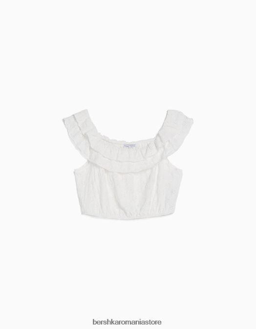 Bershka unisex top fără umeri cu broderie elvețiană cremă Z86D3802 îmbrăcăminte