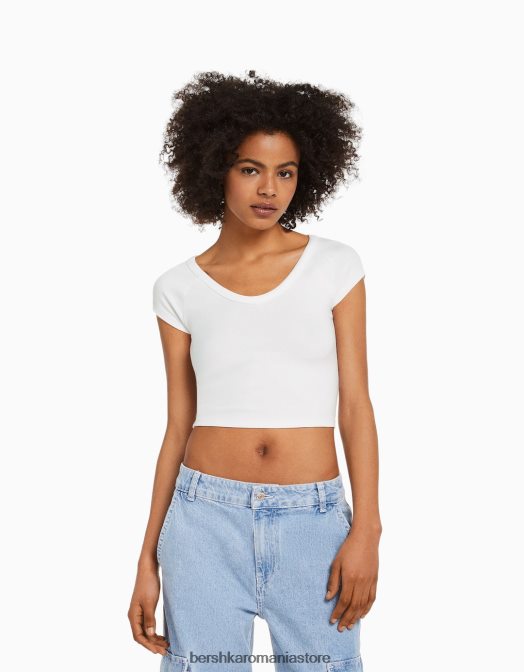 Bershka unisex tricou cu decolteu în V, cu mâneci raglan scurte alb Z86D3812 îmbrăcăminte