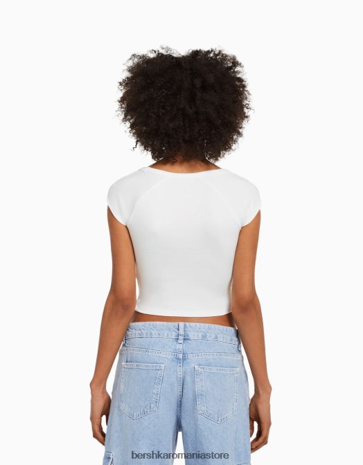 Bershka unisex tricou cu decolteu în V, cu mâneci raglan scurte alb Z86D3812 îmbrăcăminte