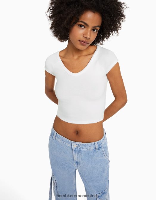 Bershka unisex tricou cu decolteu în V, cu mâneci raglan scurte alb Z86D3812 îmbrăcăminte