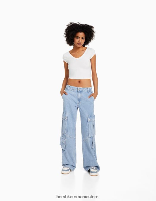 Bershka unisex tricou cu decolteu în V, cu mâneci raglan scurte alb Z86D3812 îmbrăcăminte