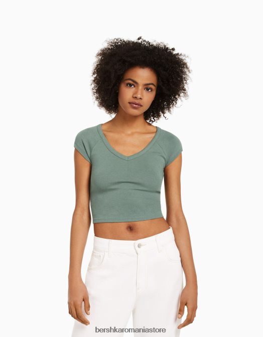 Bershka unisex tricou cu decolteu în V, cu mâneci raglan scurte kaki Z86D3814 îmbrăcăminte