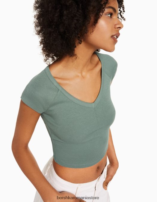 Bershka unisex tricou cu decolteu în V, cu mâneci raglan scurte kaki Z86D3814 îmbrăcăminte