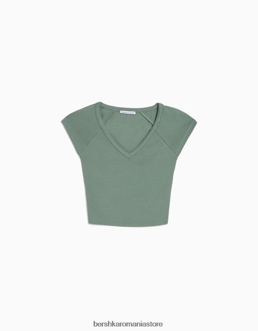 Bershka unisex tricou cu decolteu în V, cu mâneci raglan scurte kaki Z86D3814 îmbrăcăminte
