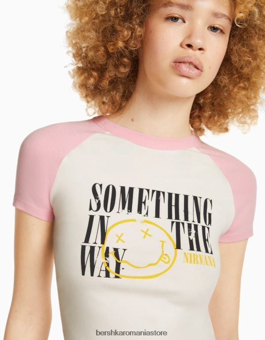 Bershka unisex tricou cu imprimeu nirvana cu maneci scurte raglan roz Z86D3734 îmbrăcăminte