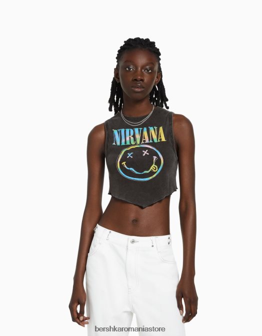 Bershka unisex tricou cu imprimeu nirvana fără mâneci gri inchis Z86D3693 îmbrăcăminte