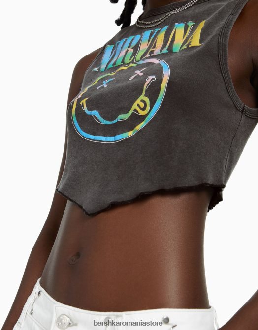 Bershka unisex tricou cu imprimeu nirvana fără mâneci gri inchis Z86D3693 îmbrăcăminte