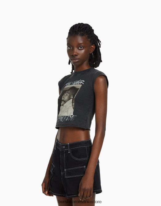 Bershka unisex tricou cu imprimeu tăiat fără mâneci tupac gri Z86D3694 îmbrăcăminte