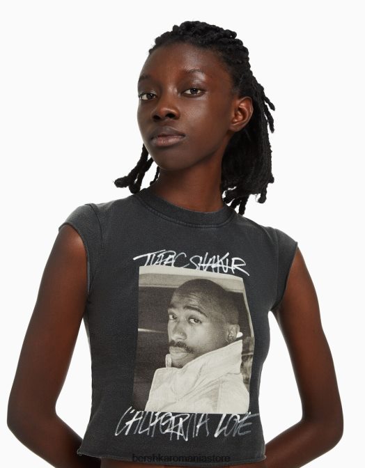Bershka unisex tricou cu imprimeu tăiat fără mâneci tupac gri Z86D3694 îmbrăcăminte