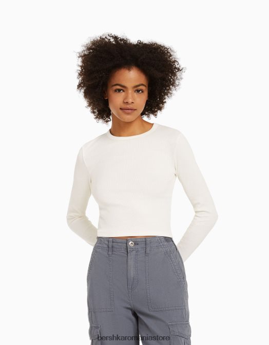 Bershka unisex tricou cu mânecă lungă cu nervuri alb Z86D3803 îmbrăcăminte