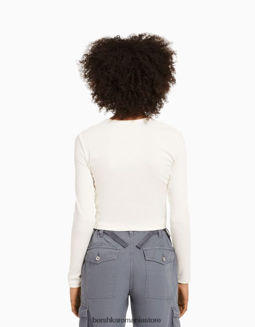 Bershka unisex tricou cu mânecă lungă cu nervuri alb Z86D3803 îmbrăcăminte