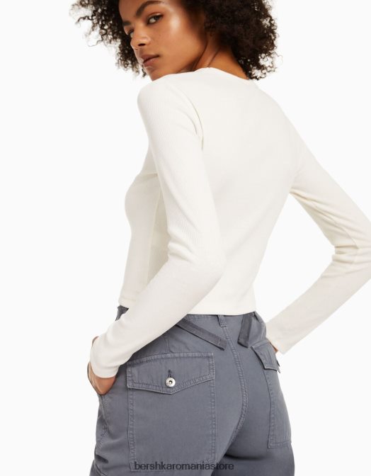 Bershka unisex tricou cu mânecă lungă cu nervuri alb Z86D3803 îmbrăcăminte