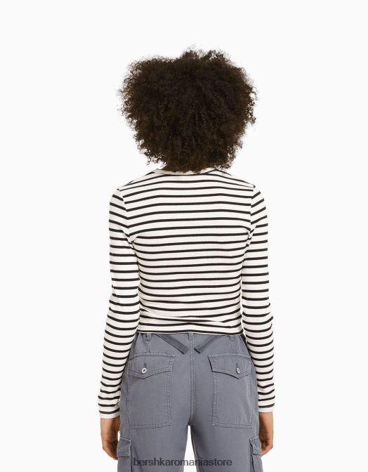 Bershka unisex tricou cu mânecă lungă cu nervuri alb negru Z86D3804 îmbrăcăminte