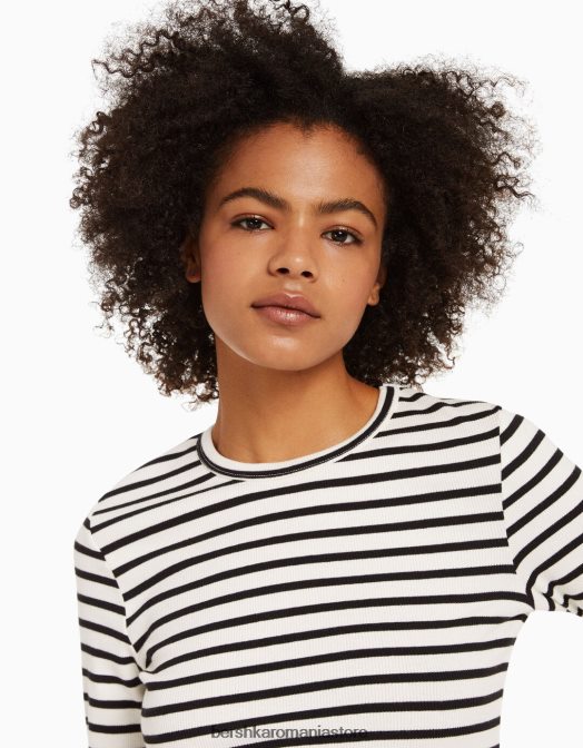 Bershka unisex tricou cu mânecă lungă cu nervuri alb negru Z86D3804 îmbrăcăminte