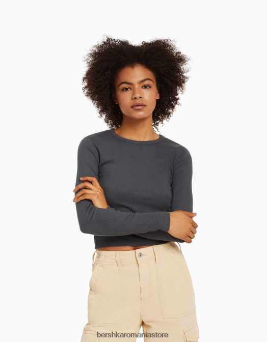 Bershka unisex tricou cu mânecă lungă cu nervuri gri inchis Z86D3806 îmbrăcăminte