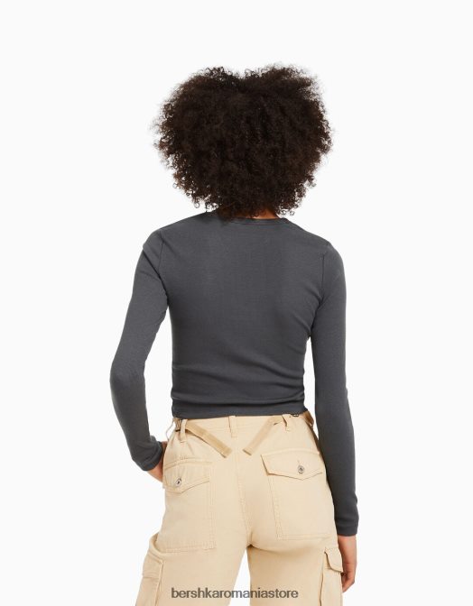 Bershka unisex tricou cu mânecă lungă cu nervuri gri inchis Z86D3806 îmbrăcăminte