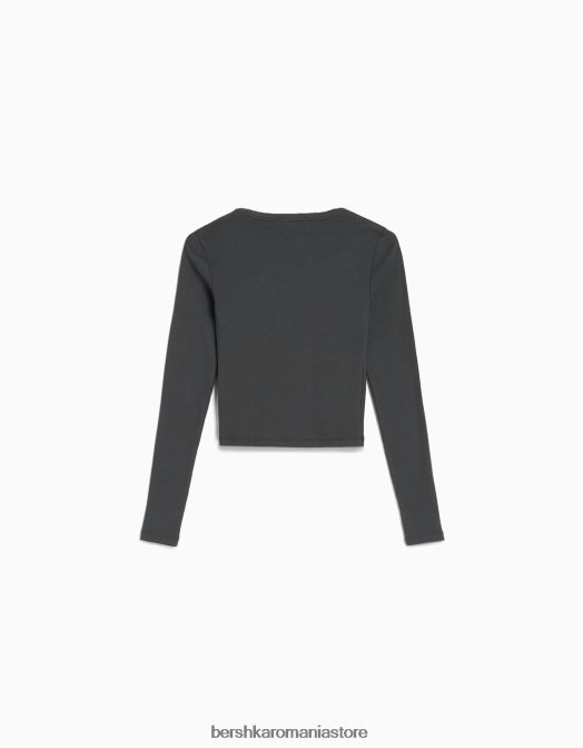 Bershka unisex tricou cu mânecă lungă cu nervuri gri inchis Z86D3806 îmbrăcăminte