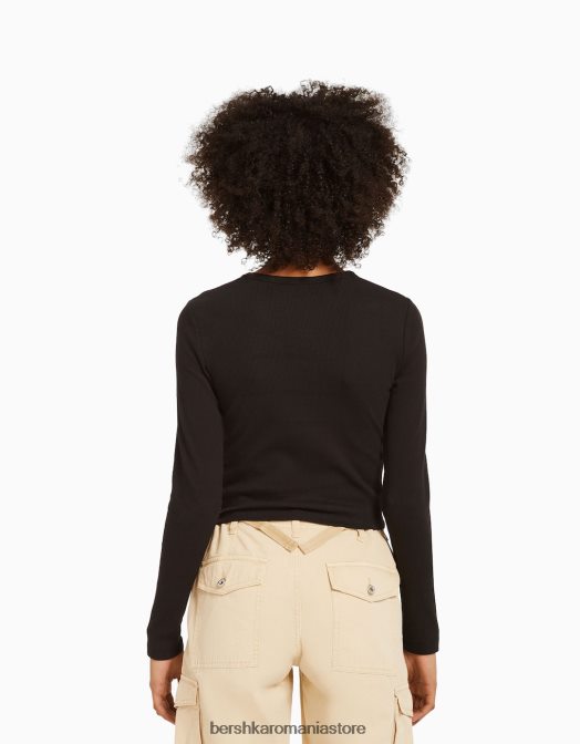 Bershka unisex tricou cu mânecă lungă cu nervuri negru Z86D3863 îmbrăcăminte