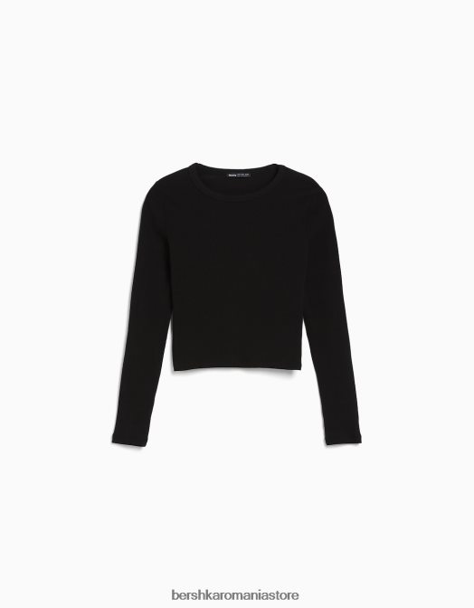 Bershka unisex tricou cu mânecă lungă cu nervuri negru Z86D3863 îmbrăcăminte