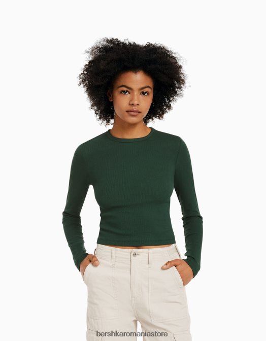 Bershka unisex tricou cu mânecă lungă cu nervuri verde Z86D3864 îmbrăcăminte