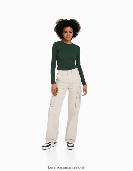 Bershka unisex tricou cu mânecă lungă cu nervuri verde Z86D3864 îmbrăcăminte