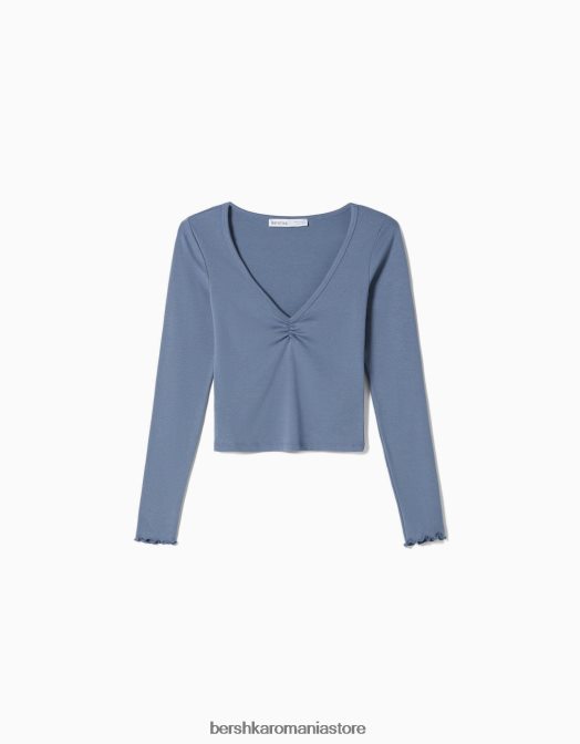 Bershka unisex tricou cu mânecă lungă și decolteu în V albastru Z86D3838 îmbrăcăminte