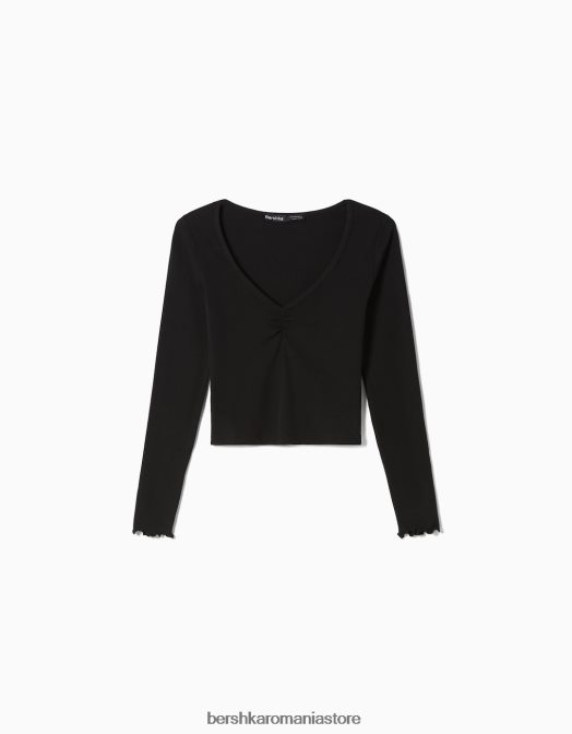 Bershka unisex tricou cu mânecă lungă și decolteu în V negru Z86D3839 îmbrăcăminte