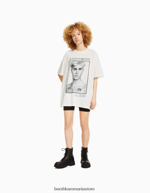 Bershka unisex tricou cu mânecă scurtă cu imprimeu Justin Bieber aproape alb Z86D3706 îmbrăcăminte