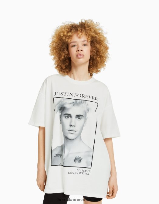 Bershka unisex tricou cu mânecă scurtă cu imprimeu Justin Bieber aproape alb Z86D3706 îmbrăcăminte