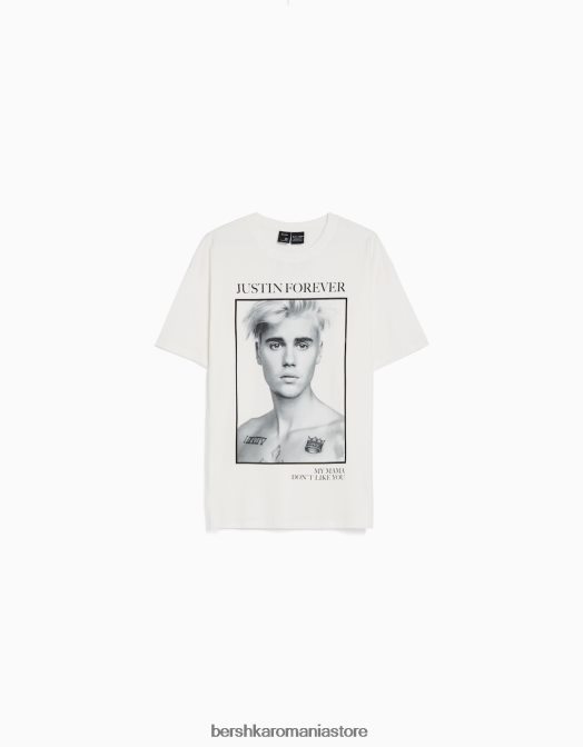 Bershka unisex tricou cu mânecă scurtă cu imprimeu Justin Bieber aproape alb Z86D3706 îmbrăcăminte