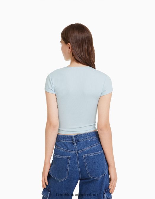 Bershka unisex tricou cu mânecă scurtă cu nervuri albastru deschis Z86D3716 îmbrăcăminte