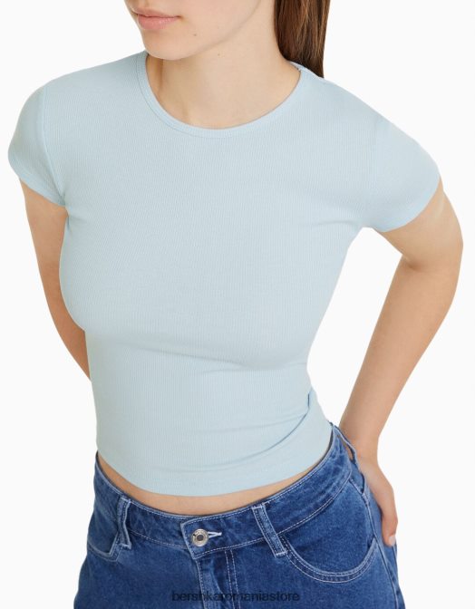 Bershka unisex tricou cu mânecă scurtă cu nervuri albastru deschis Z86D3716 îmbrăcăminte