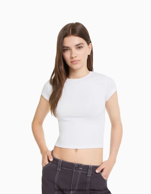 Bershka unisex tricou cu mânecă scurtă cu nervuri aproape alb Z86D3717 îmbrăcăminte