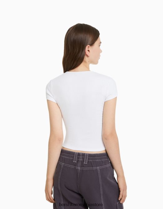 Bershka unisex tricou cu mânecă scurtă cu nervuri aproape alb Z86D3717 îmbrăcăminte