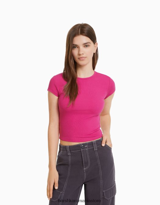 Bershka unisex tricou cu mânecă scurtă cu nervuri fucsie Z86D3748 îmbrăcăminte