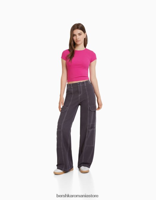 Bershka unisex tricou cu mânecă scurtă cu nervuri fucsie Z86D3748 îmbrăcăminte