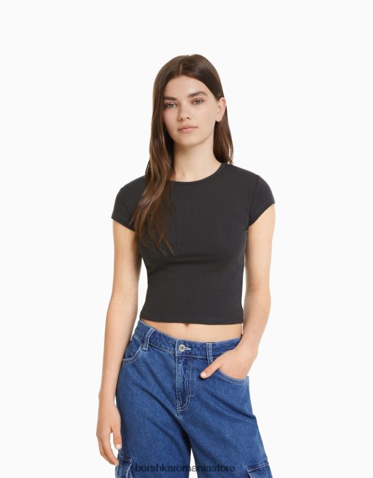 Bershka unisex tricou cu mânecă scurtă cu nervuri gri inchis Z86D3721 îmbrăcăminte