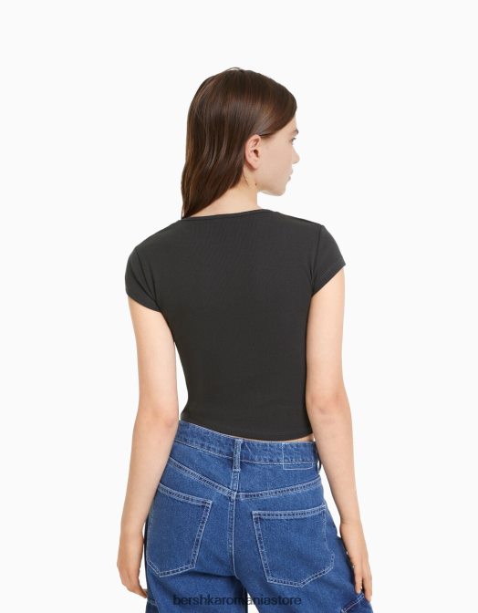 Bershka unisex tricou cu mânecă scurtă cu nervuri gri inchis Z86D3721 îmbrăcăminte