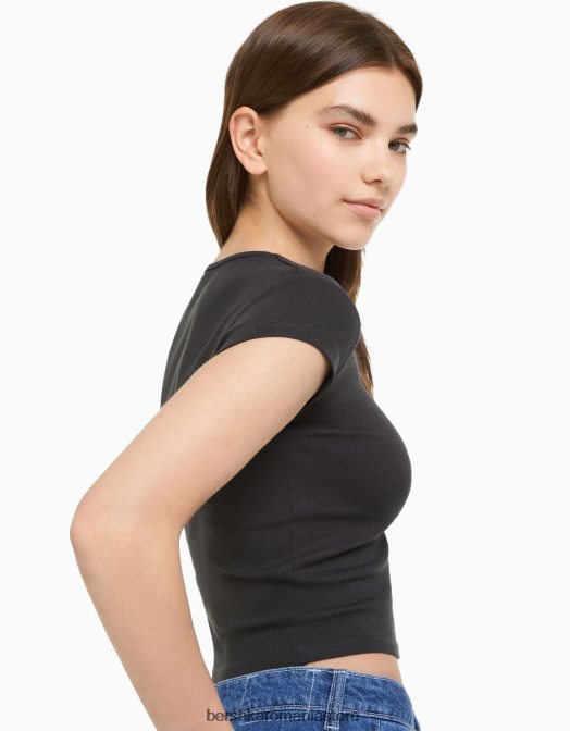 Bershka unisex tricou cu mânecă scurtă cu nervuri gri inchis Z86D3721 îmbrăcăminte