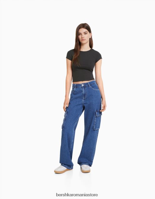 Bershka unisex tricou cu mânecă scurtă cu nervuri gri inchis Z86D3721 îmbrăcăminte