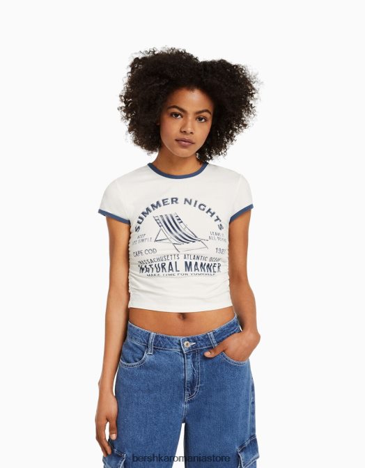 Bershka unisex tricou cu mânecă scurtă cu nervuri imprimat aproape alb Z86D3810 îmbrăcăminte