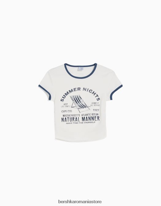 Bershka unisex tricou cu mânecă scurtă cu nervuri imprimat aproape alb Z86D3810 îmbrăcăminte