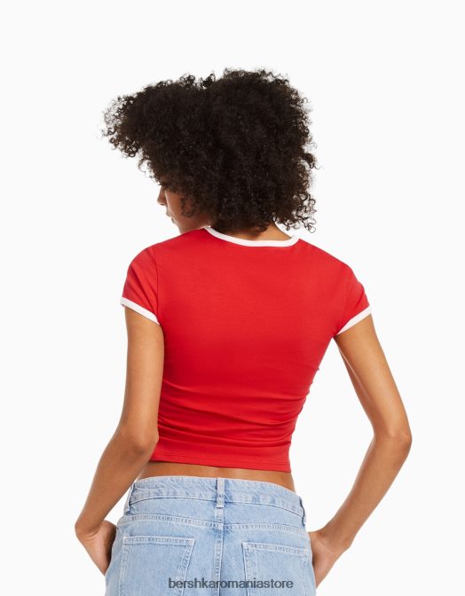 Bershka unisex tricou cu mânecă scurtă cu nervuri imprimat roșu Z86D3811 îmbrăcăminte
